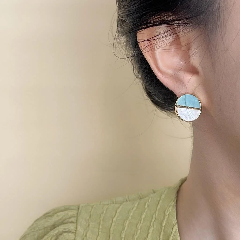 14K Gold Plated Copper Asymmetric Two Tone Round Geometric Stud Earrings Sweet Designer Jewelry