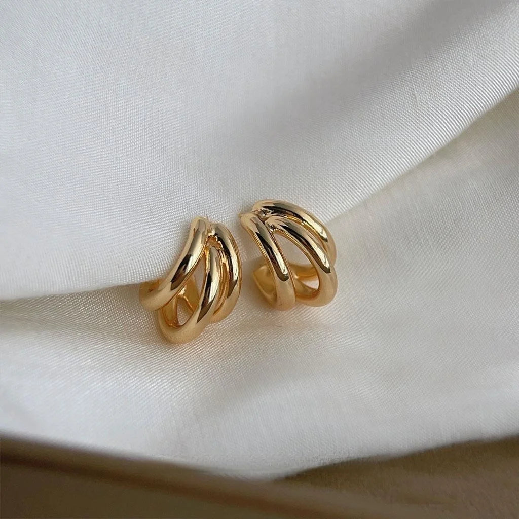 14K Gold Plated Copper Geometric Line Hoop Drop Earrings Luxury Office Jewelry