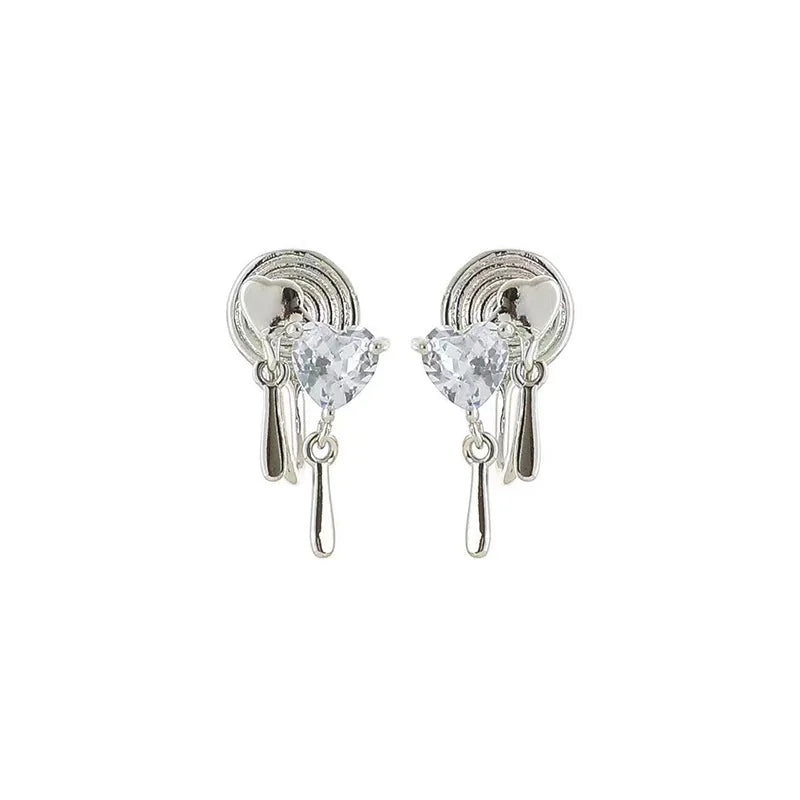 Elegant Tiny Heart Zircon Dangle Stud & Clip On No Piercing Silver Alloy Sparkle Love Earrings