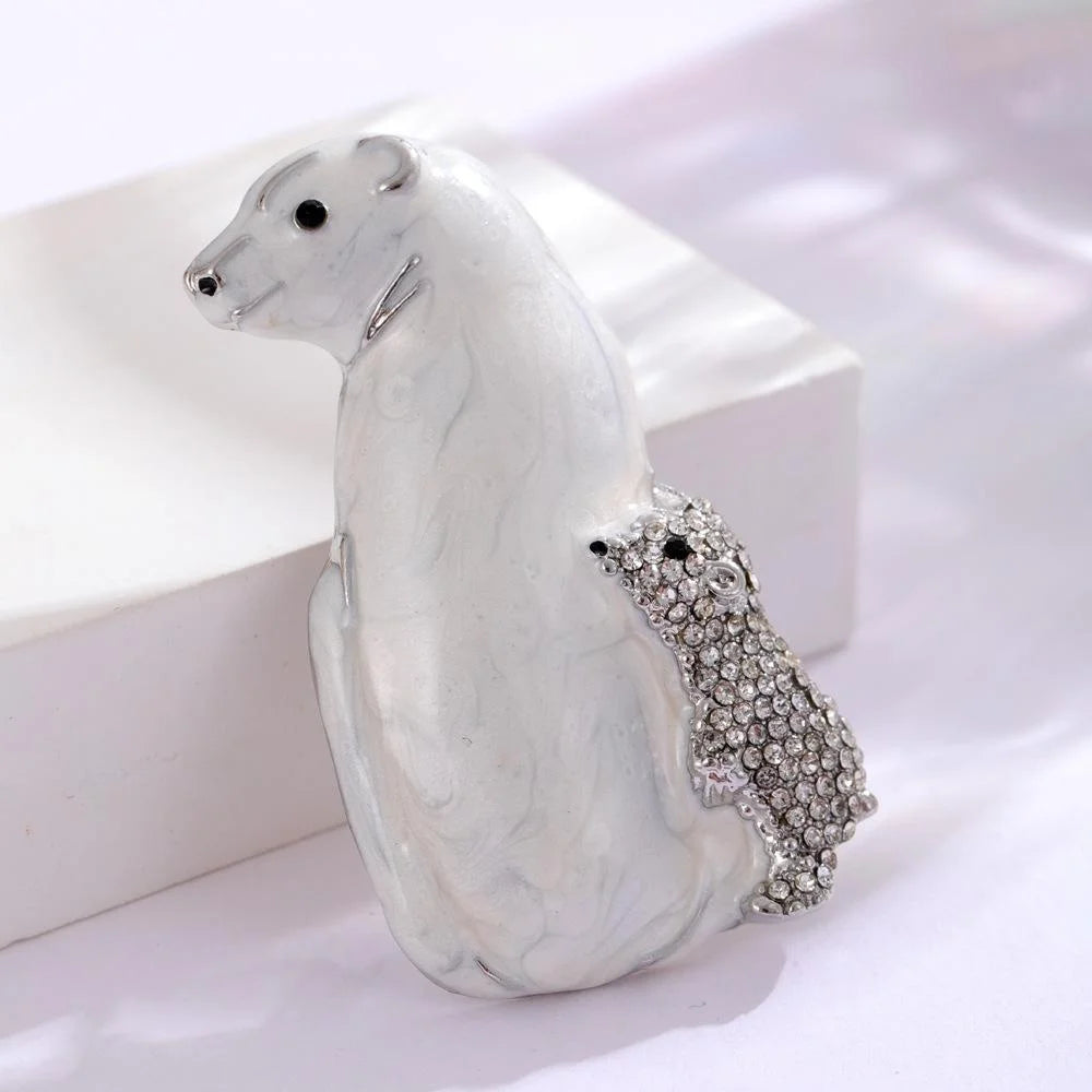 Cute Enamel Polar Bear And Cub Brooch With Rhinestones, Elegant Animal Lapel Pin Gift For Coat
