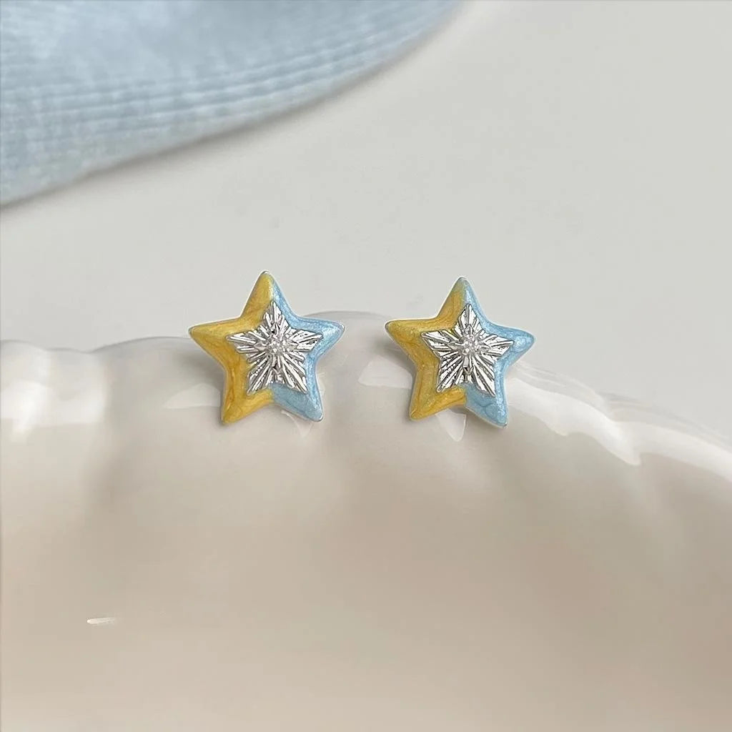 Hand Painted Star Stud Earrings Eco Friendly Copper With Silver Plated Pins Sweet Girl Style