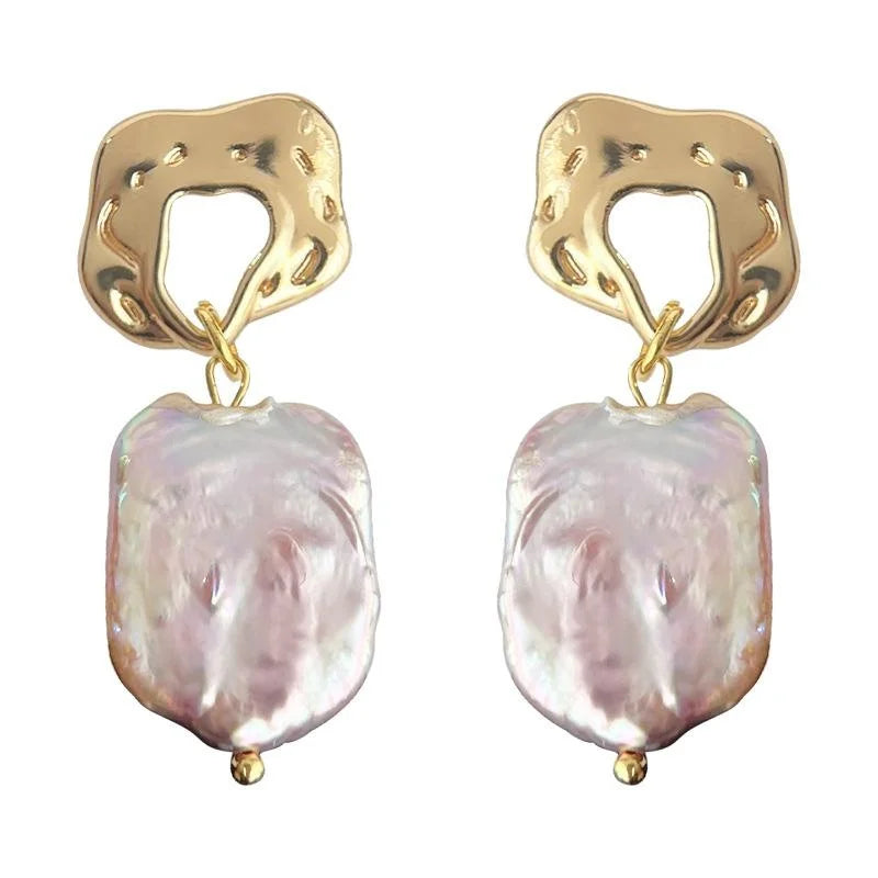 Vintage Baroque Freshwater Pearl Drop Earrings Irregular Geometric Copper French Style