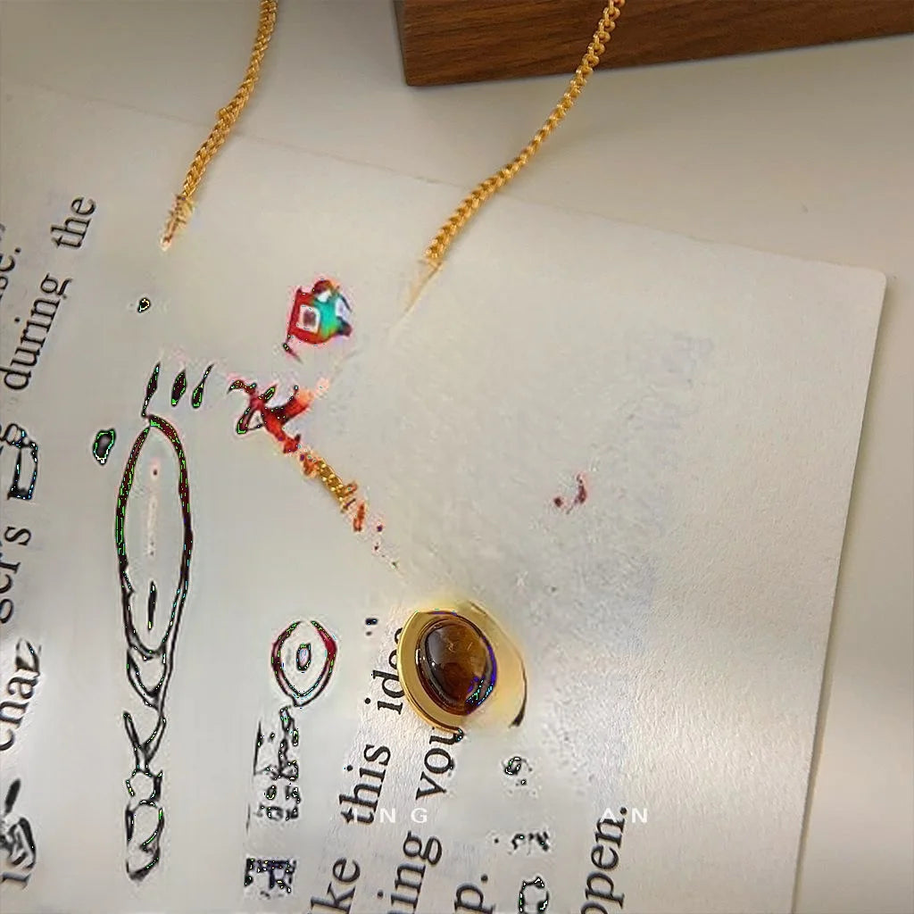 14K Gold Plated Copper Tiger Eye Stone Oval Geometric Clavicle Necklace For Women