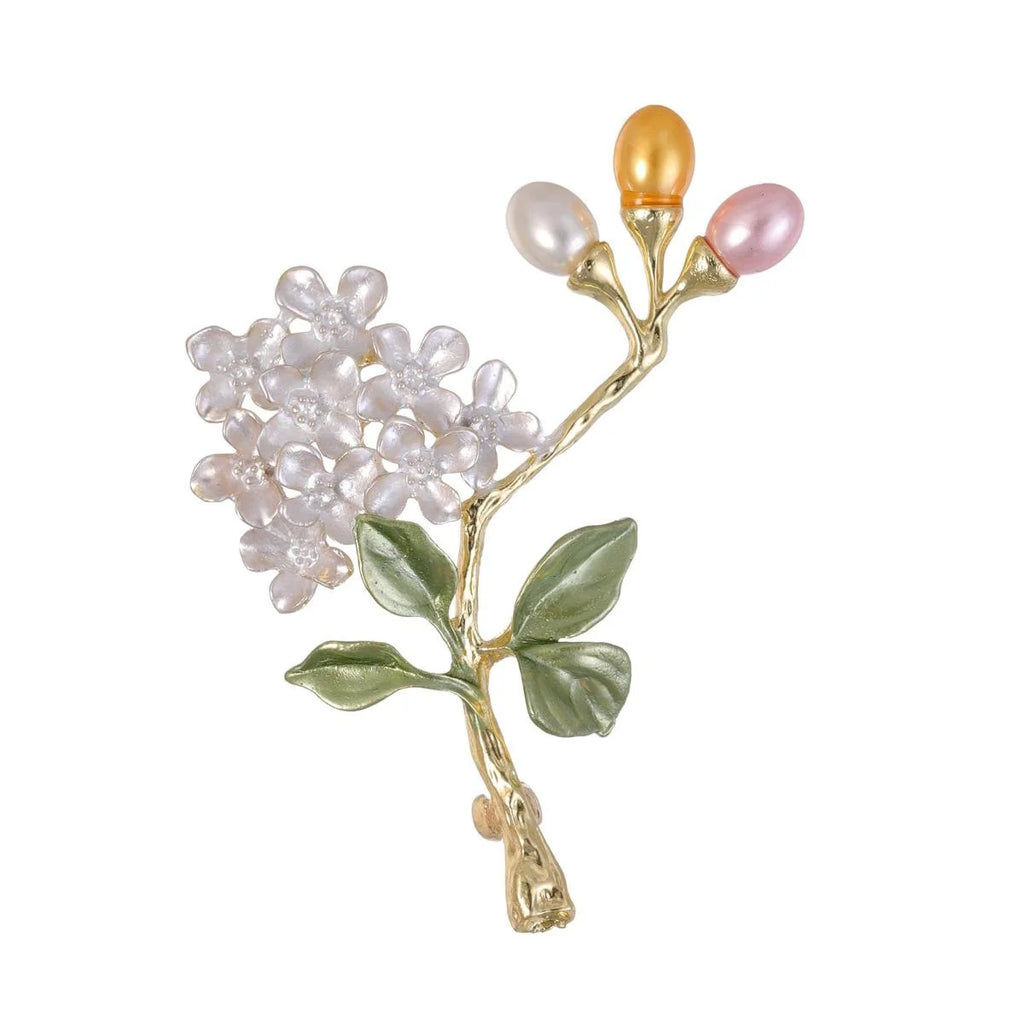 Elegant Hydrangea Flower Brooch With Pearl Buds And Enamel Leaves, Gold Alloy Lapel Pin Corsage Gift