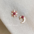 Asymmetric Eight Point Star Moon Stud Earrings Copper Enamel Silver Plated Pin Preppy Style