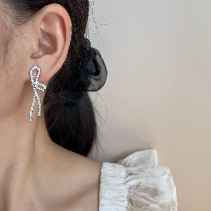 Elegant Zircon Bowknot Long Tassel Stud & Clip On No Piercing Spiral Back Statement Earrings