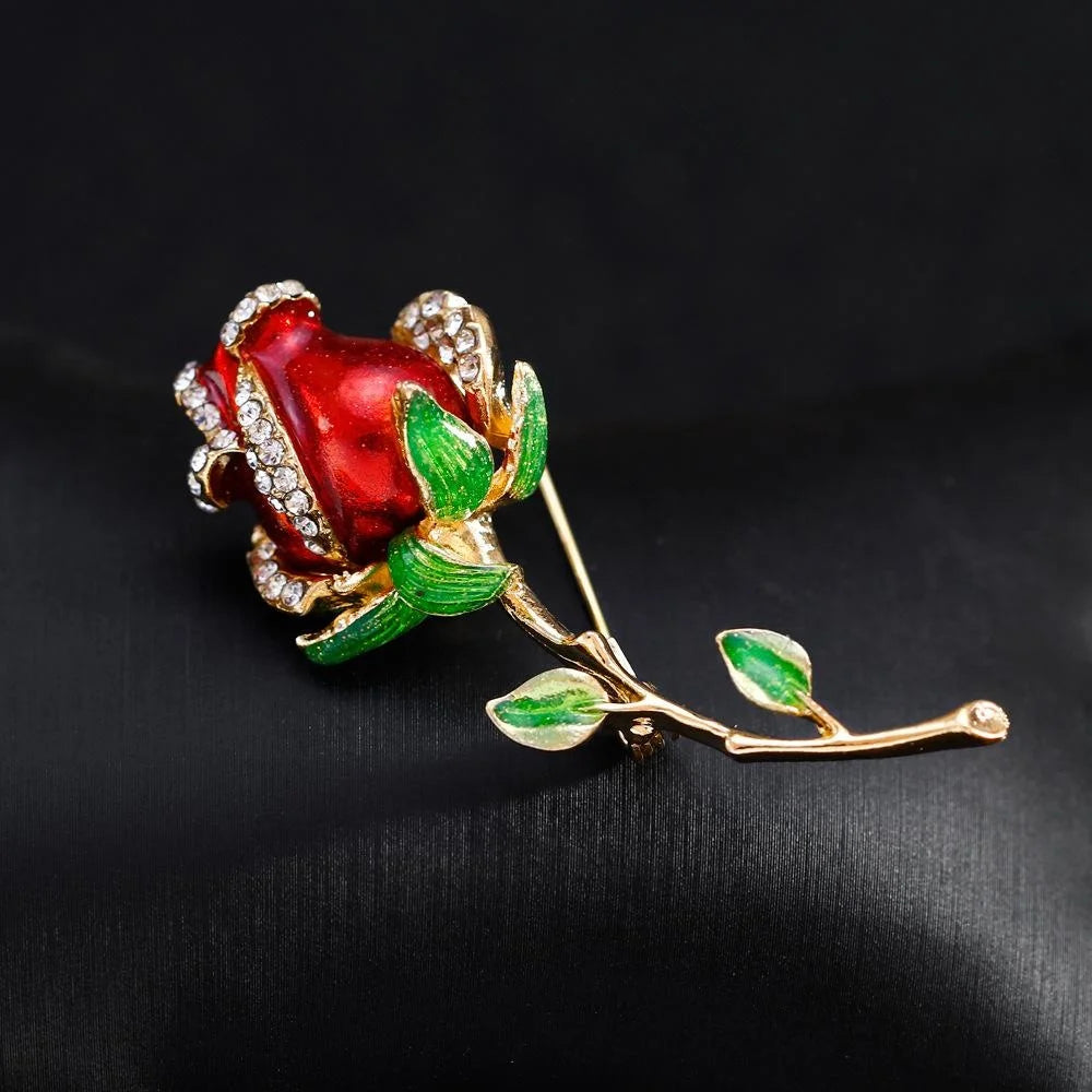Elegant Blue Enamel Rose Flower Brooch With Rhinestones, Gold Tone Alloy Lapel Pin Corsage Gift For Women