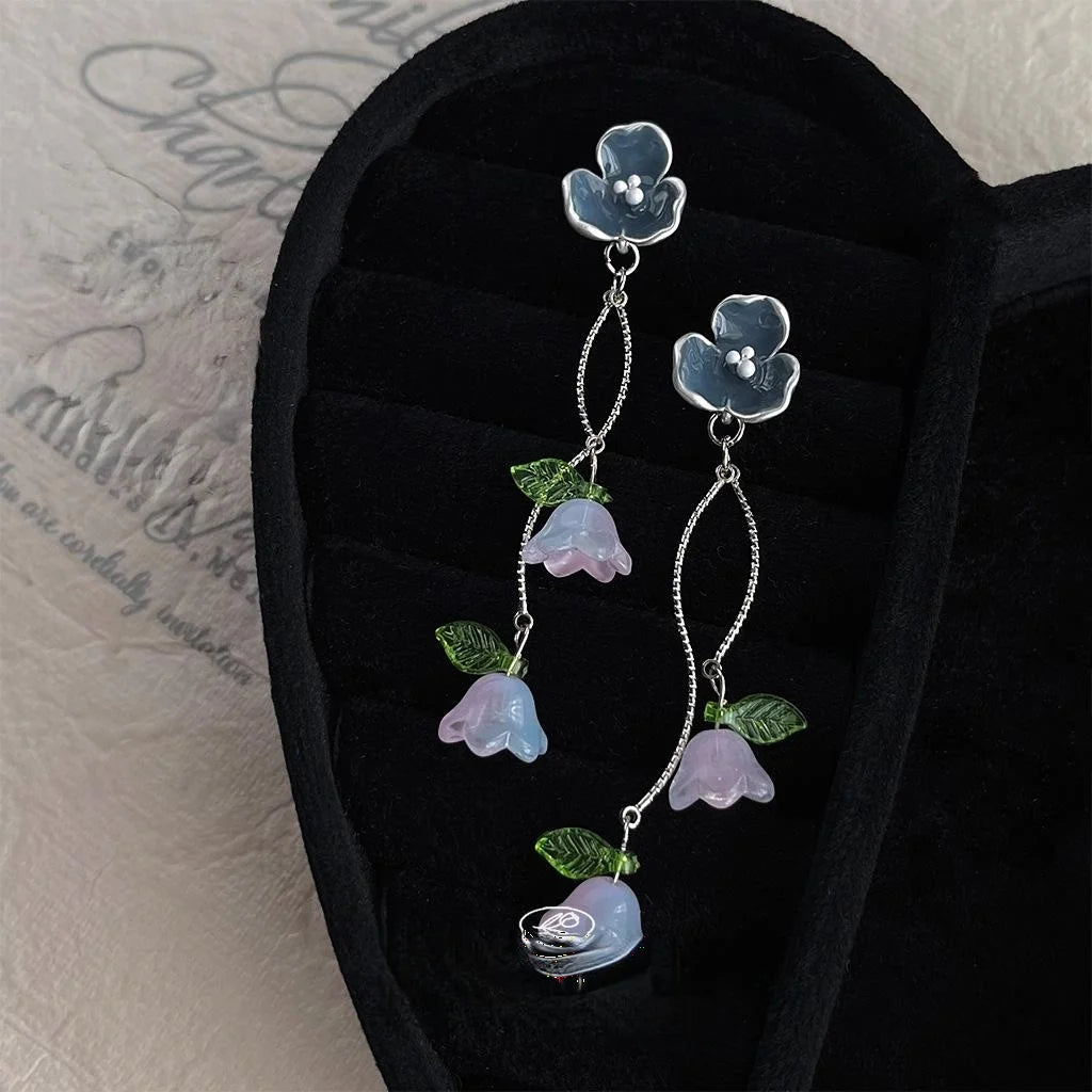 Fresh Forest Style Lily Of The Valley Flower Tassel Stud Earrings Copper Handmade Glass Dangle Jewelry