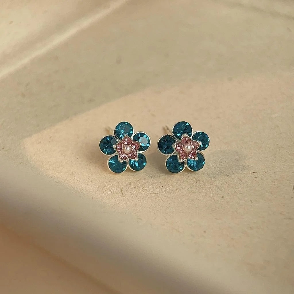 Peacock Blue Rhinestone Flower Stud Earrings Copper Pearl Silver Plated Pin Light Luxury Vintage