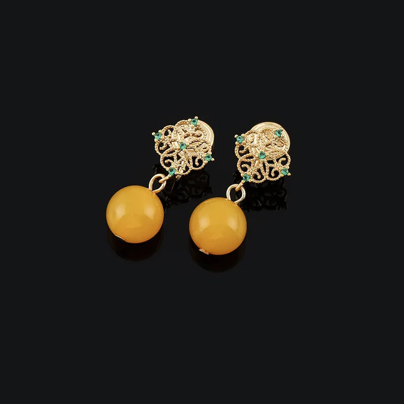 Vintage Gold Alloy Filigree Spiral Yellow Agate Bead Drop Stud & Clip On No Piercing Earrings