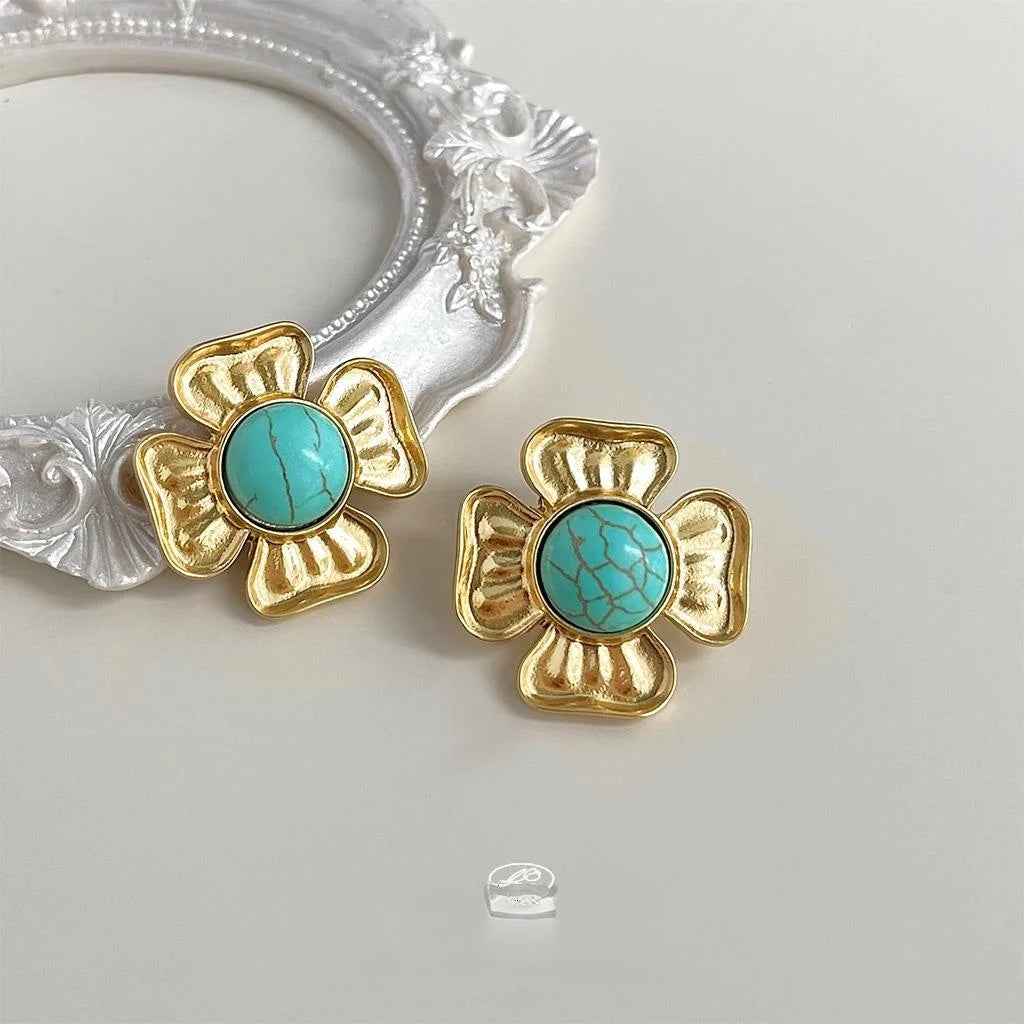 Vintage Floral Drop Earrings With Copper And Synthetic Turquoise, French Statement Luxury Jewelry