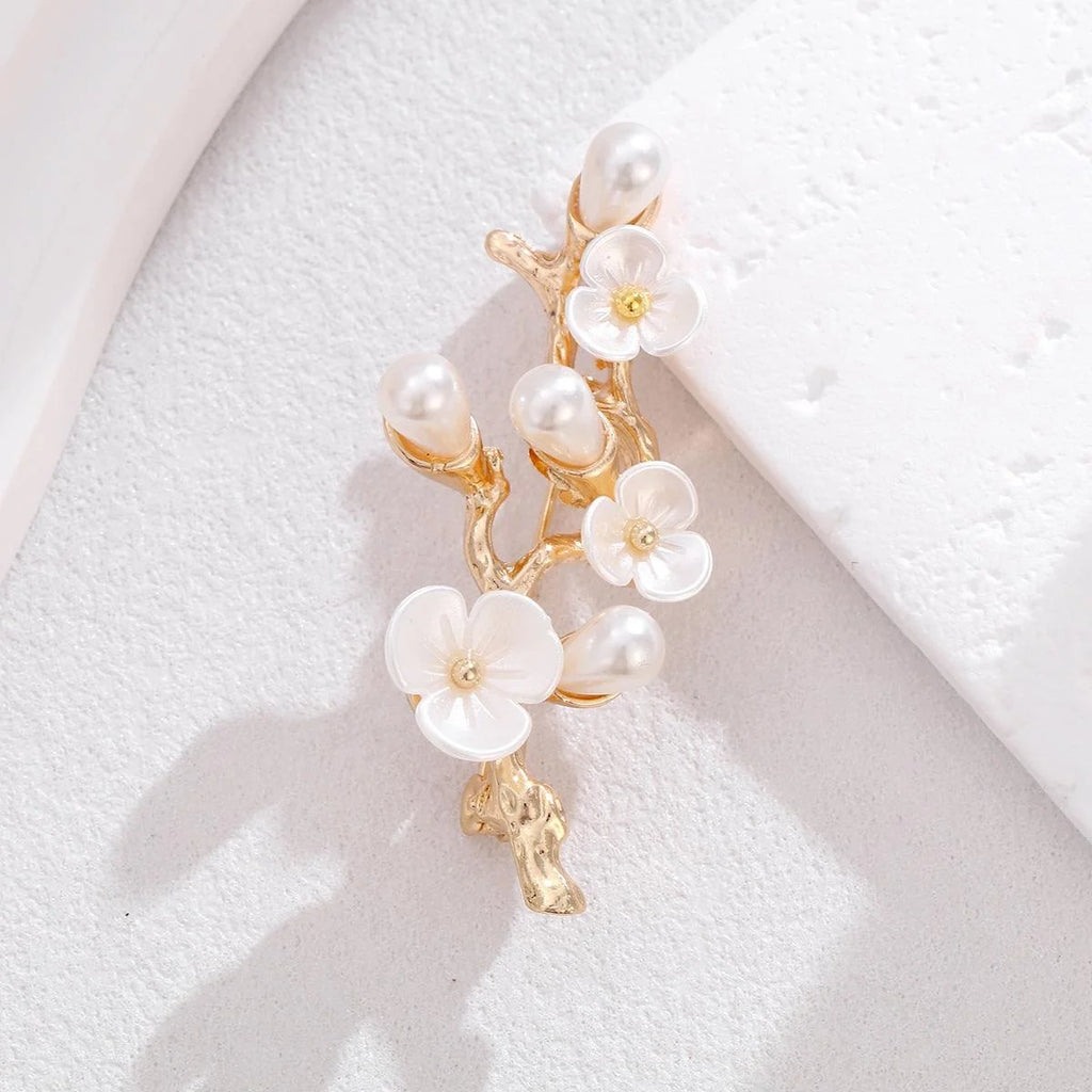 Elegant Mother Of Pearl Flower Branch Brooch With Faux Pearls, Gold Alloy Lapel Pin Suit Accessory Gift