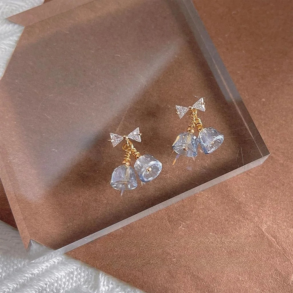 14K Gold Plated Copper Bow Flower Stud Earrings, Zircon Glass Bell Design