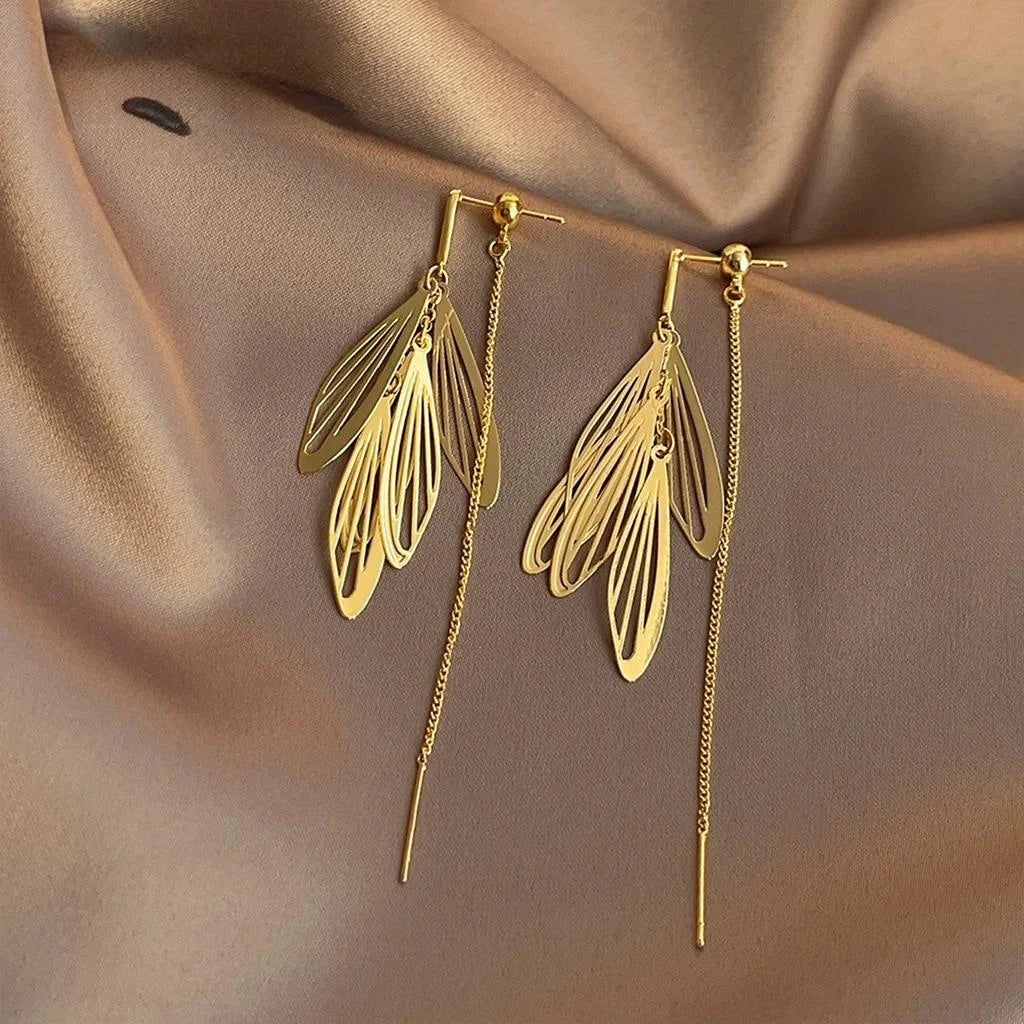 14K Gold Plated Copper Wing Leaf Tassel Drop Earrings Light Luxury Forest Style