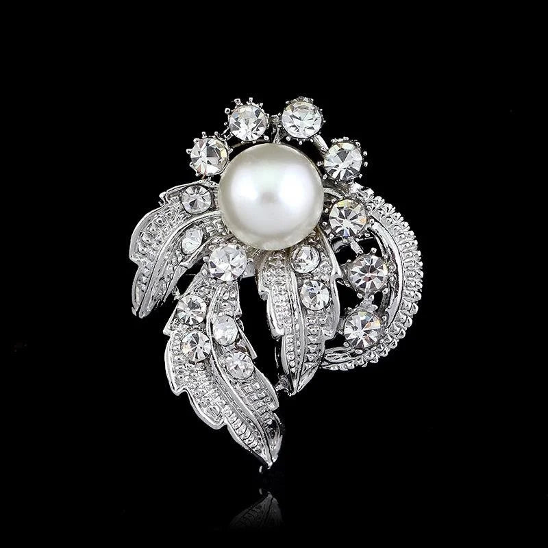 Elegant Silver Plated Rhinestone Pearl Flower Leaf Brooch Pin For Women Lapel Corsage Suit Accessory