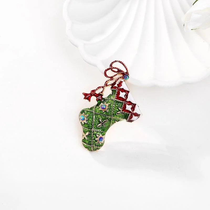 Cute Christmas Stocking Boot Brooch With Green Enamel And Rhinestones, Festive Lapel Pin Gift