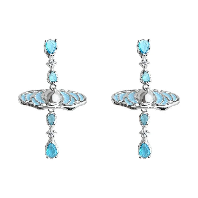 Sweet Ocean Geometric Copper Zircon Drop Earrings With Aquamarine Planet Star Ring Design