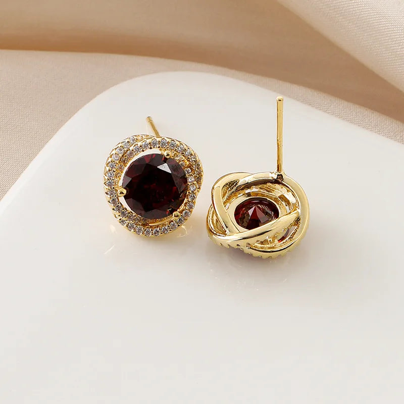 Elegant Round Deep Red Zircon Halo Stud & Clip On No Piercing Gold Alloy Luxury Party Earrings