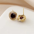 Elegant Round Deep Red Zircon Halo Stud & Clip On No Piercing Gold Alloy Luxury Party Earrings