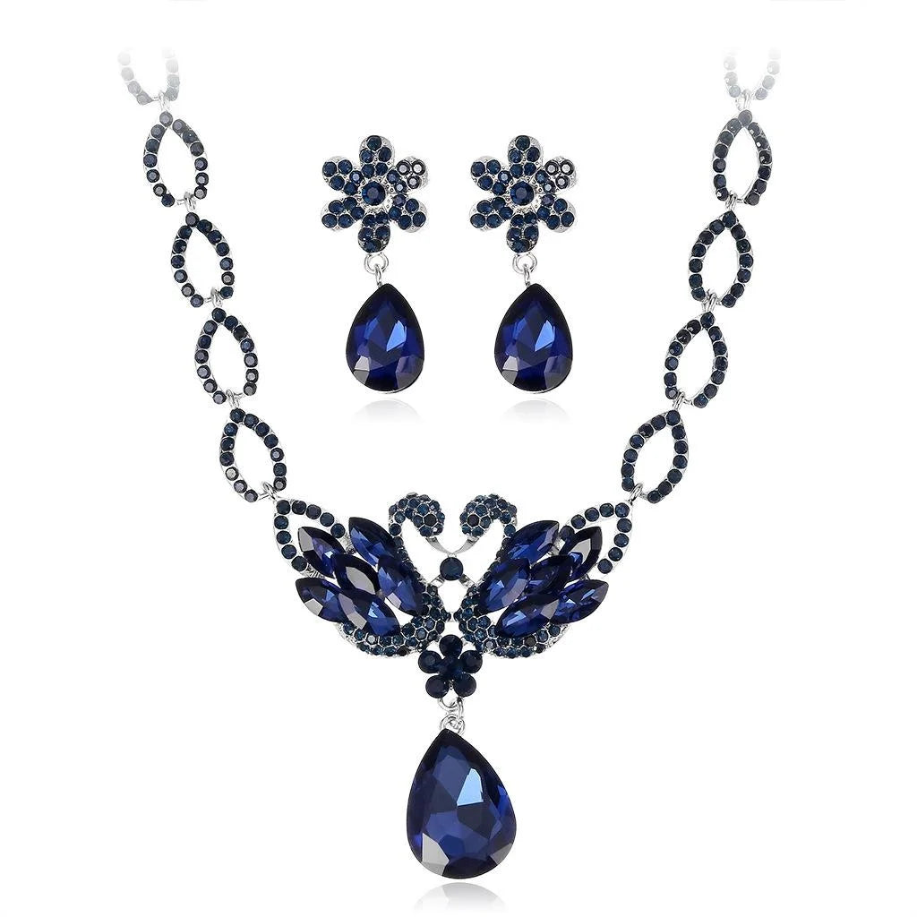Luxury Bridal Swan Crystal Rhinestone Alloy Jewelry Set With Teardrop Necklace Earrings For Wedding
