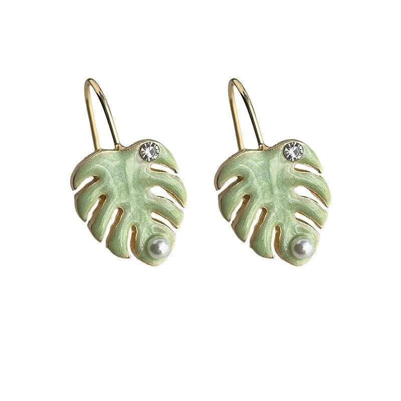 Green Enamel Monstera Leaf Copper Drop Earrings, Vintage Pastoral Fresh Artistic Jewelry