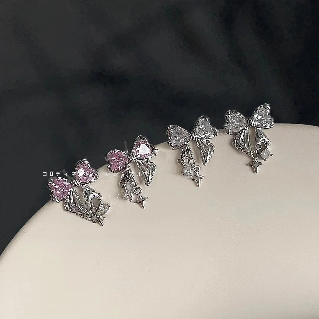 Sweet Cool Micro Pave Zircon Bow Stud Earrings Copper Cute Lolita Silver Plated Pin Jewelry