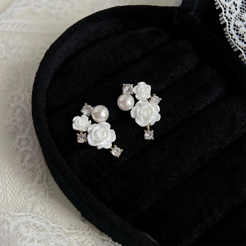 Original Design Resin Pearl Rose Flower Drop Earrings With Micro Pave Zircon