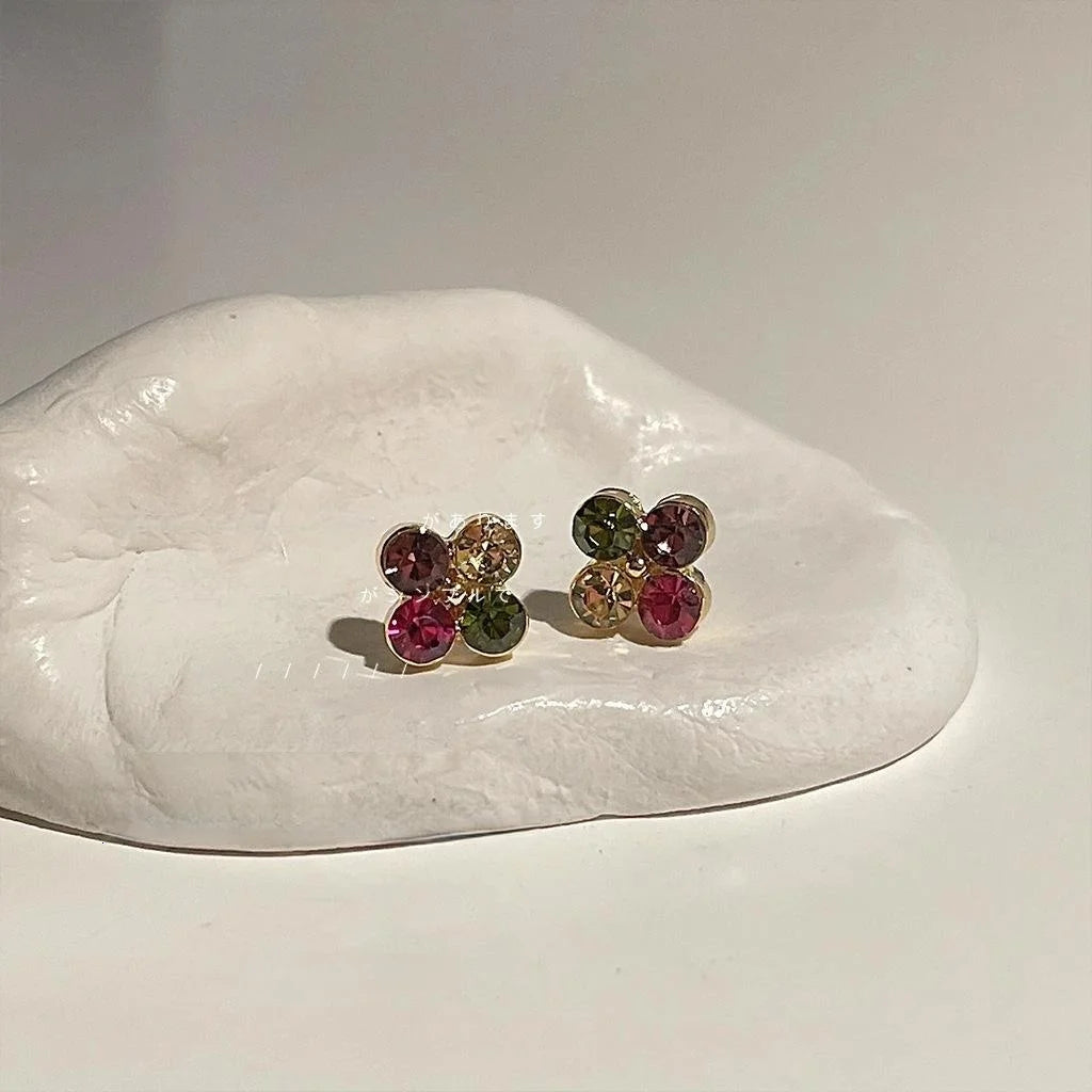 Sweet Candy Color Four Petal Flower Stud Earrings Copper Mini Geometric Jewelry
