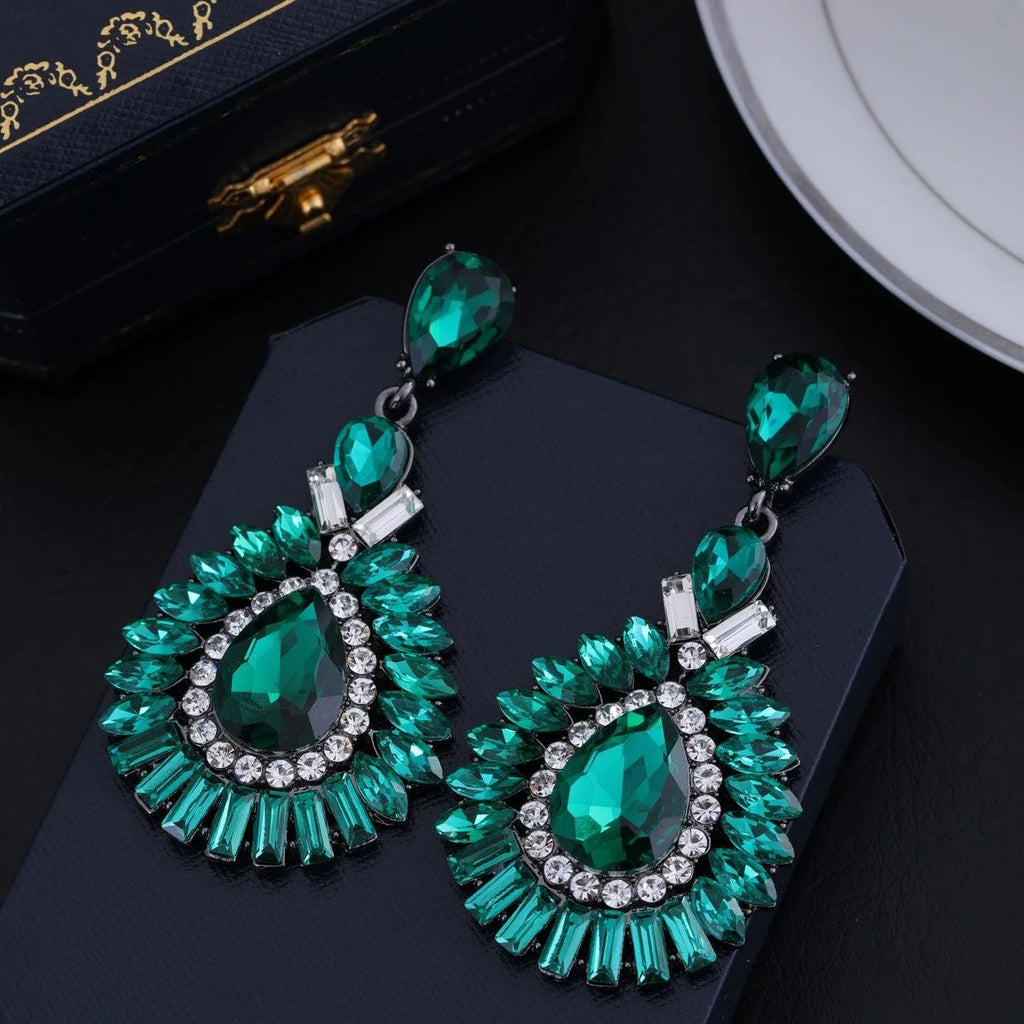 Luxury Emerald Green Crystal Rhinestone Teardrop Chandelier Earrings For Bridal Wedding Party Banquet