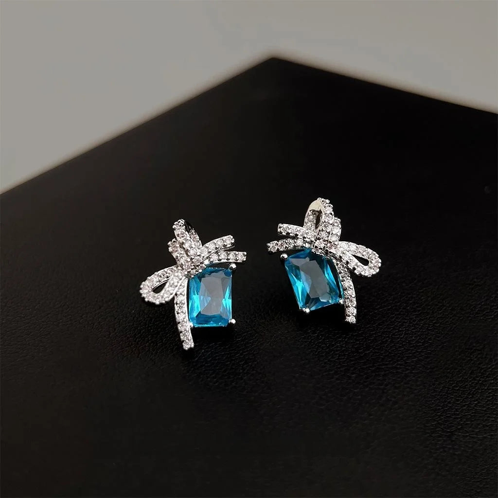 Silver Plated Copper Aquamarine Zircon Bow Stud Earrings Sweet Beach Vacation Style