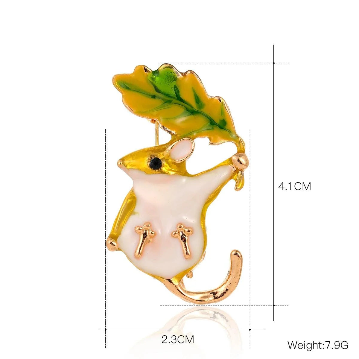 Cute Enamel Mouse Holding Leaf Brooch Gold Tone Alloy Animal Lapel Pin Corsage Coat Suit Accessory Gift
