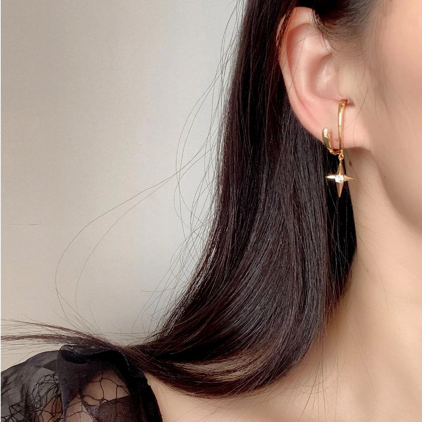 Elegant Silver Alloy Star Zircon Ear Cuff Hoop Stud & Clip On No Piercing French Earrings