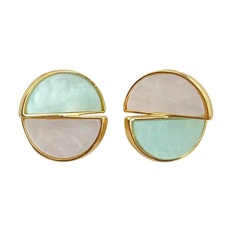 14K Gold Plated Copper Asymmetric Two Tone Round Geometric Stud Earrings Sweet Designer Jewelry