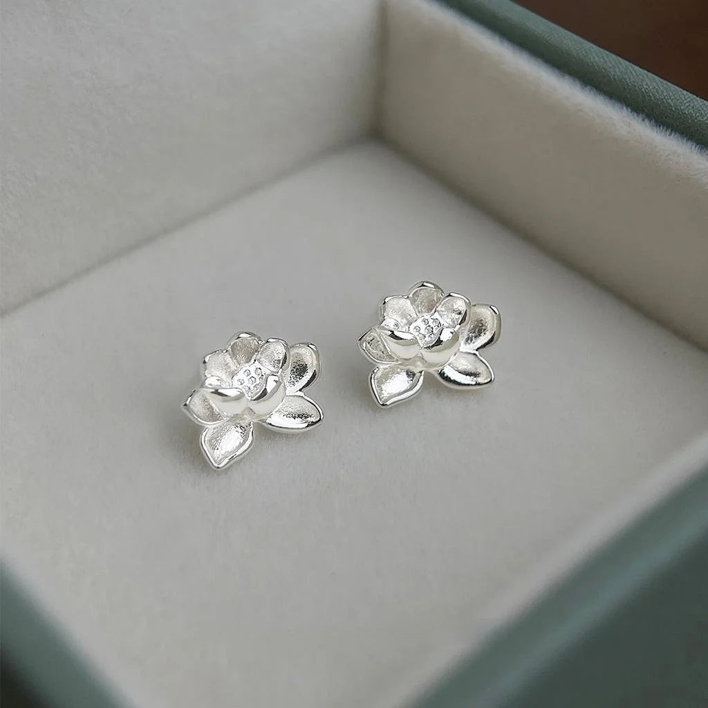 Silver Plated Copper Lotus Flower Stud Earrings Sweet Minimalist Commuter Jewelry