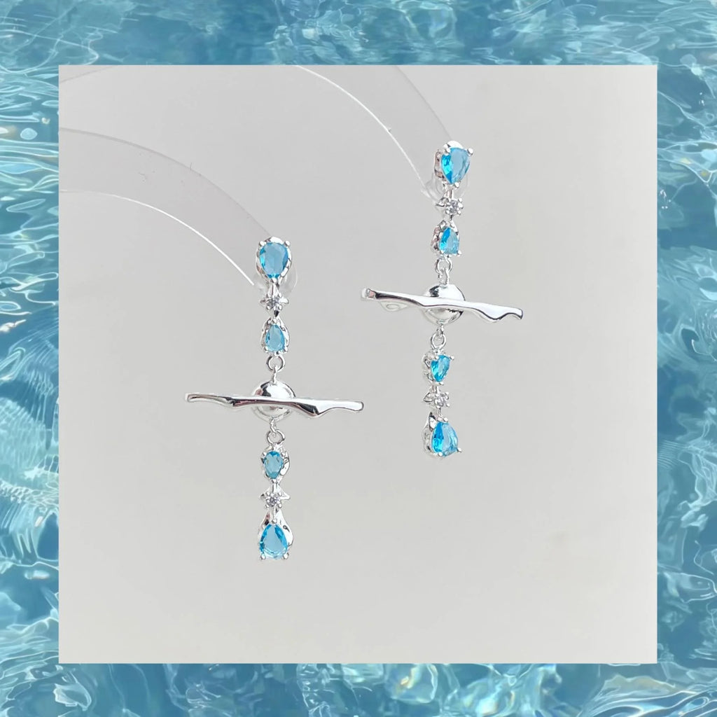 Sweet Ocean Geometric Copper Zircon Drop Earrings With Aquamarine Planet Star Ring Design