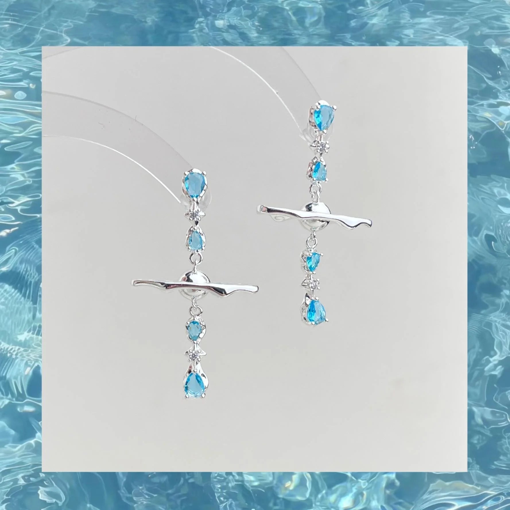 Sweet Ocean Geometric Copper Zircon Drop Earrings With Aquamarine Planet Star Ring Design