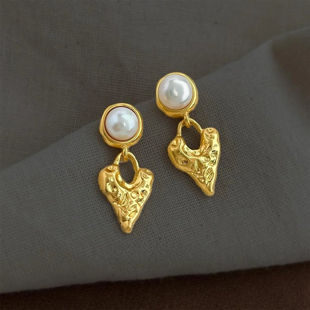 18K Gold Plated Lava Texture Heart Freshwater Pearl French Vintage Drop Earrings