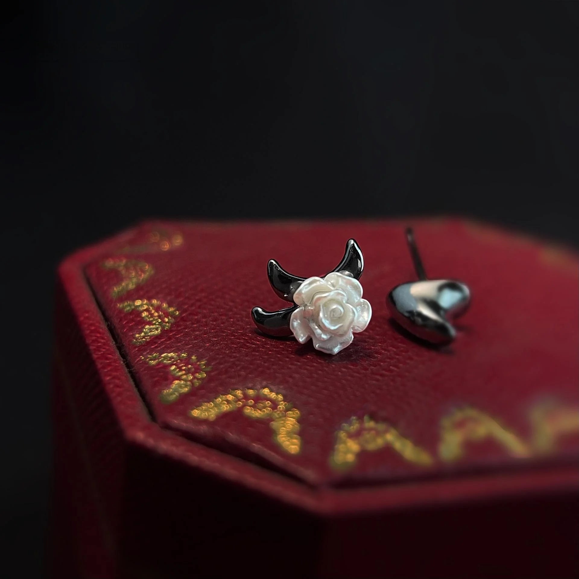 Designer Asymmetric Rose And Thorn Copper Resin Stud Earrings, Sweet Cool Floral Niche Jewelry