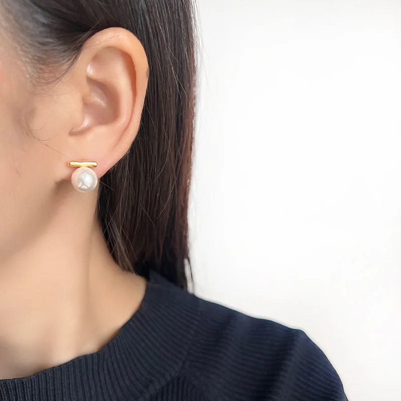 Elegant Faux Pearl Gold Alloy Bar Stud & Clip On No Piercing French Minimalist Commuter Earrings