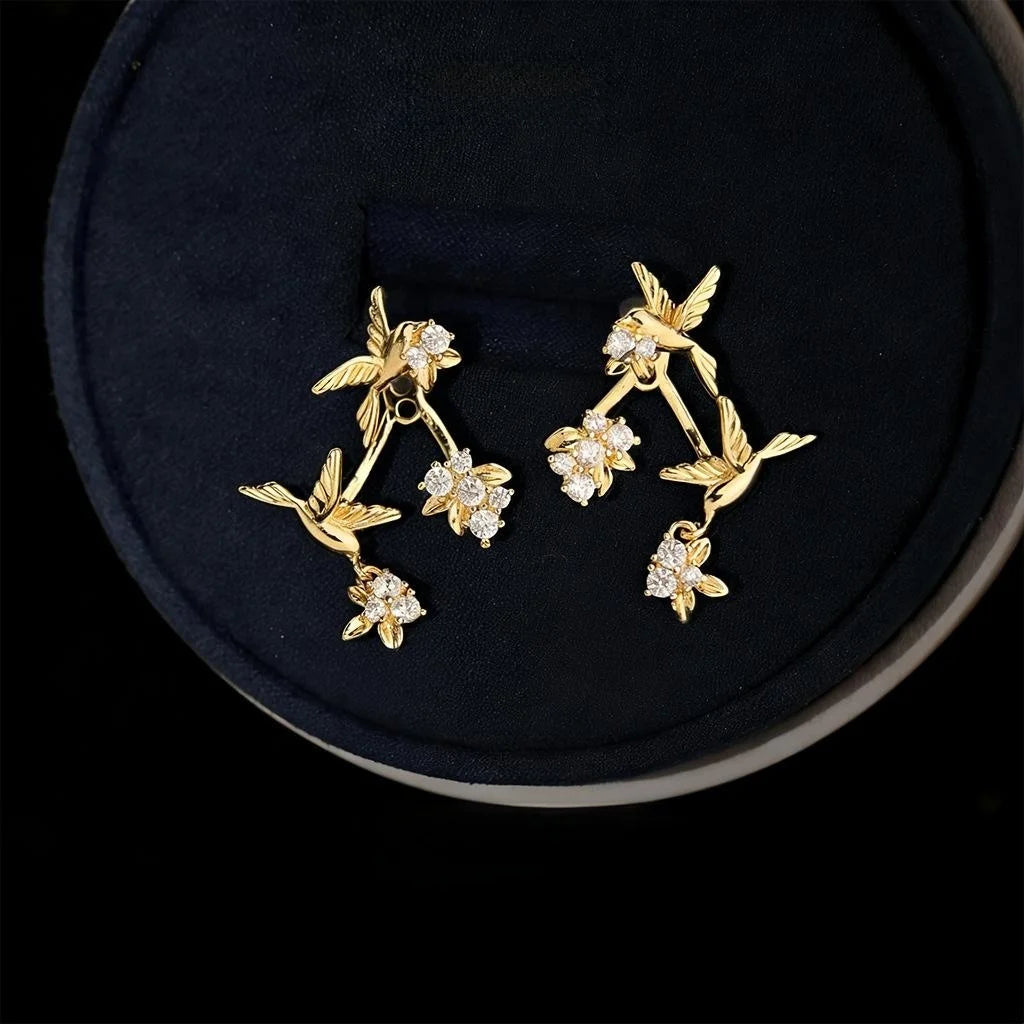 Multi Wear Flying Bird Zircon Copper Stud Earrings, Chic Niche Floral Animal Design
