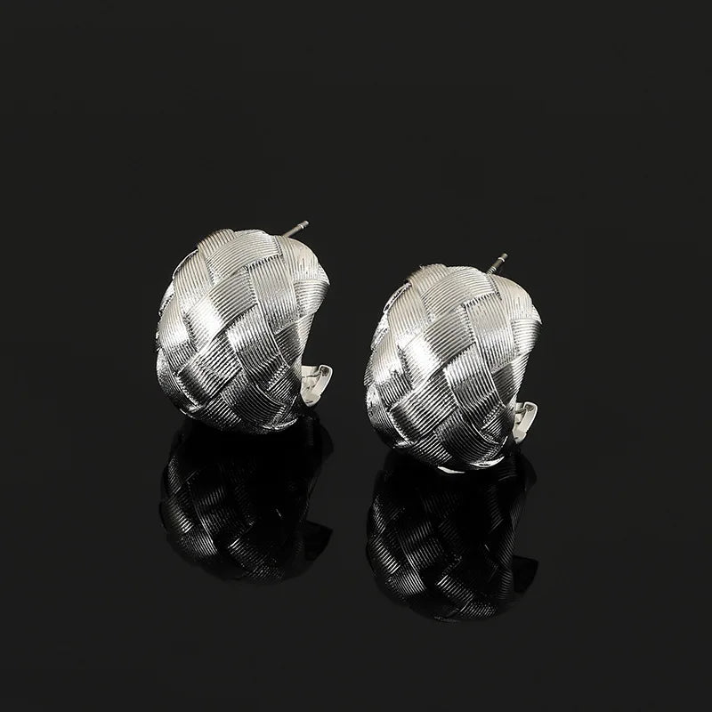 Elegant Silver Alloy Braided Woven Texture C Hoop Stud & Clip On No Piercing Statement Earrings