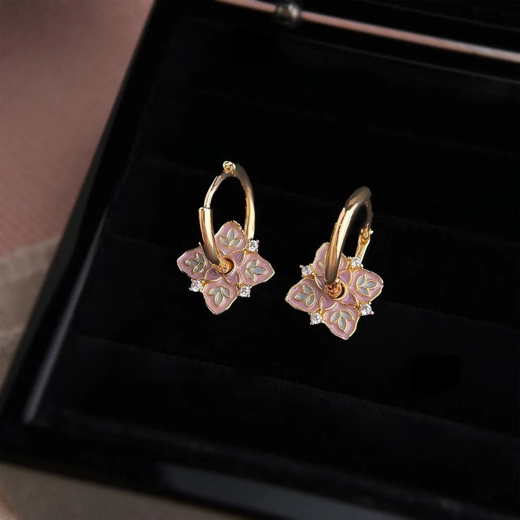 New Chinese Style Vintage Floral Enamel Copper Micro Pave Zircon Drop Earrings