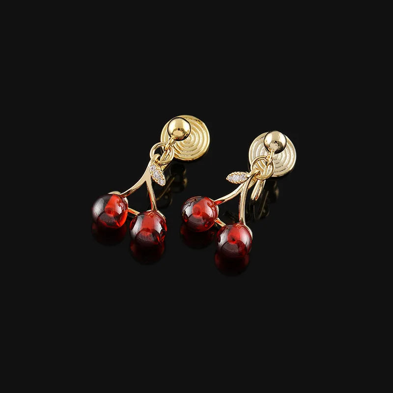 Luxury Red Cherry Fruit Drop Gold Tone Alloy Rhinestone Stud & Clip On No Piercing Dangle Earrings