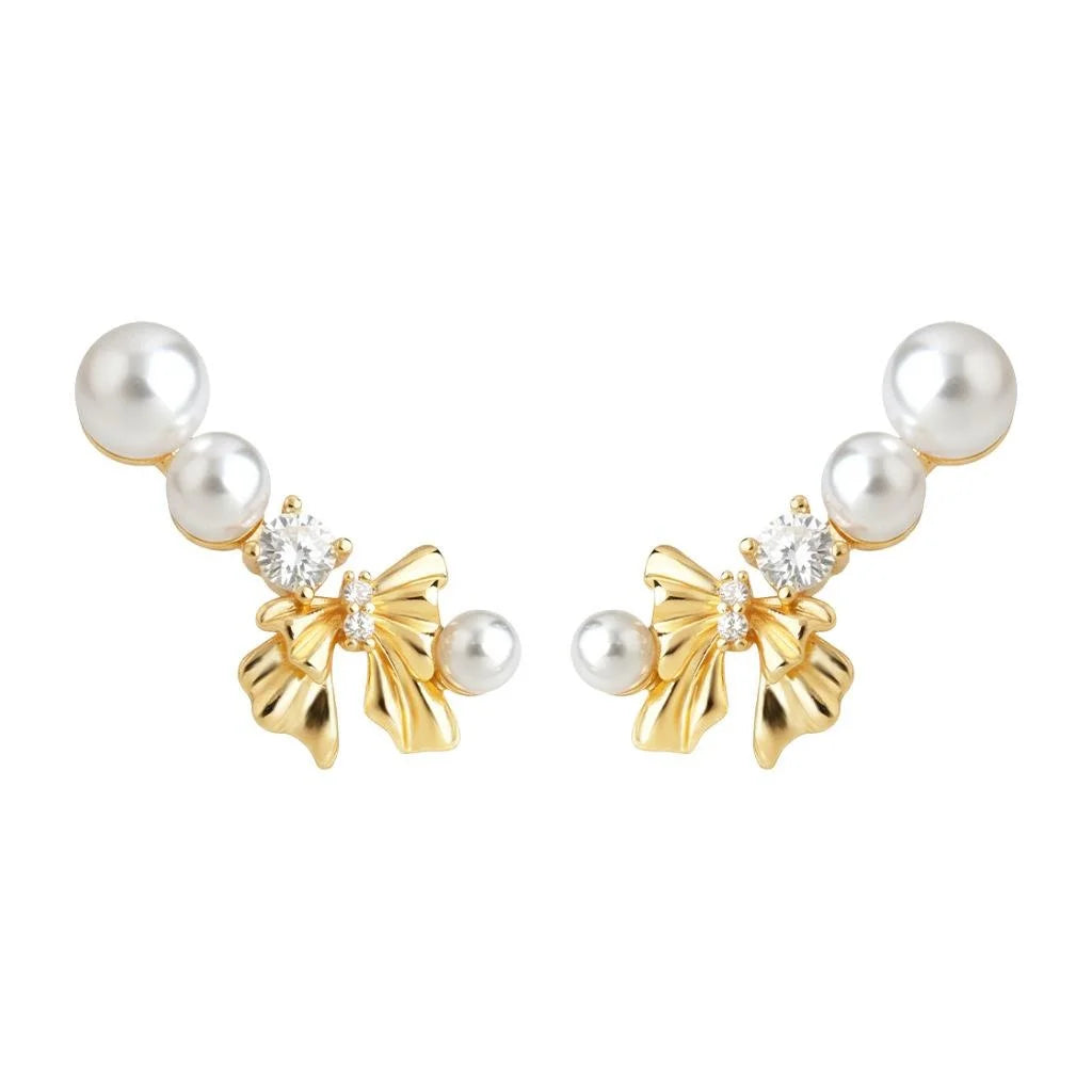 French Vintage Bow High Luster Pearl Drop Earrings With Zircon Inlaid Copper