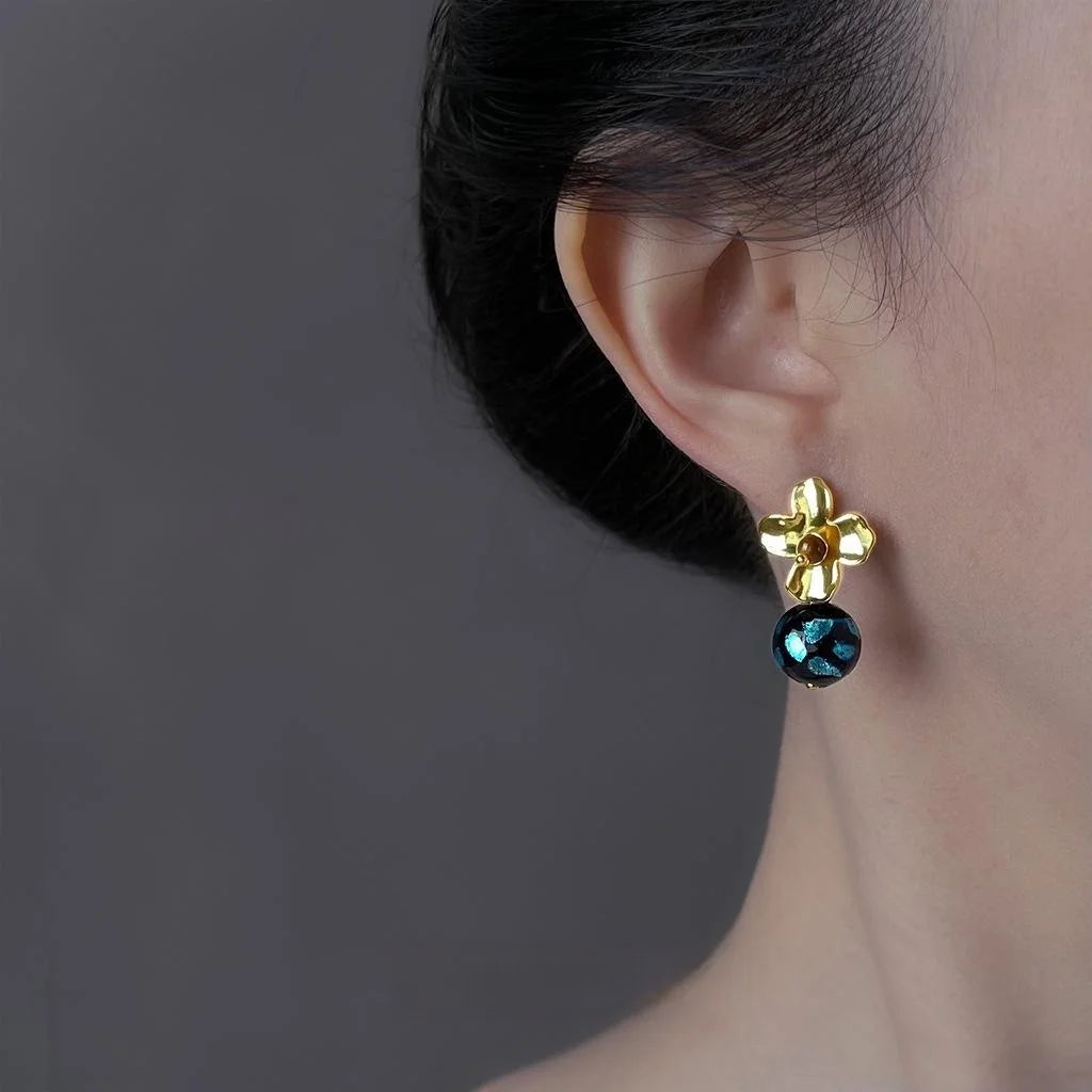Original Design Vintage Floral Handmade Glass Tiger Eye Copper Drop Earrings