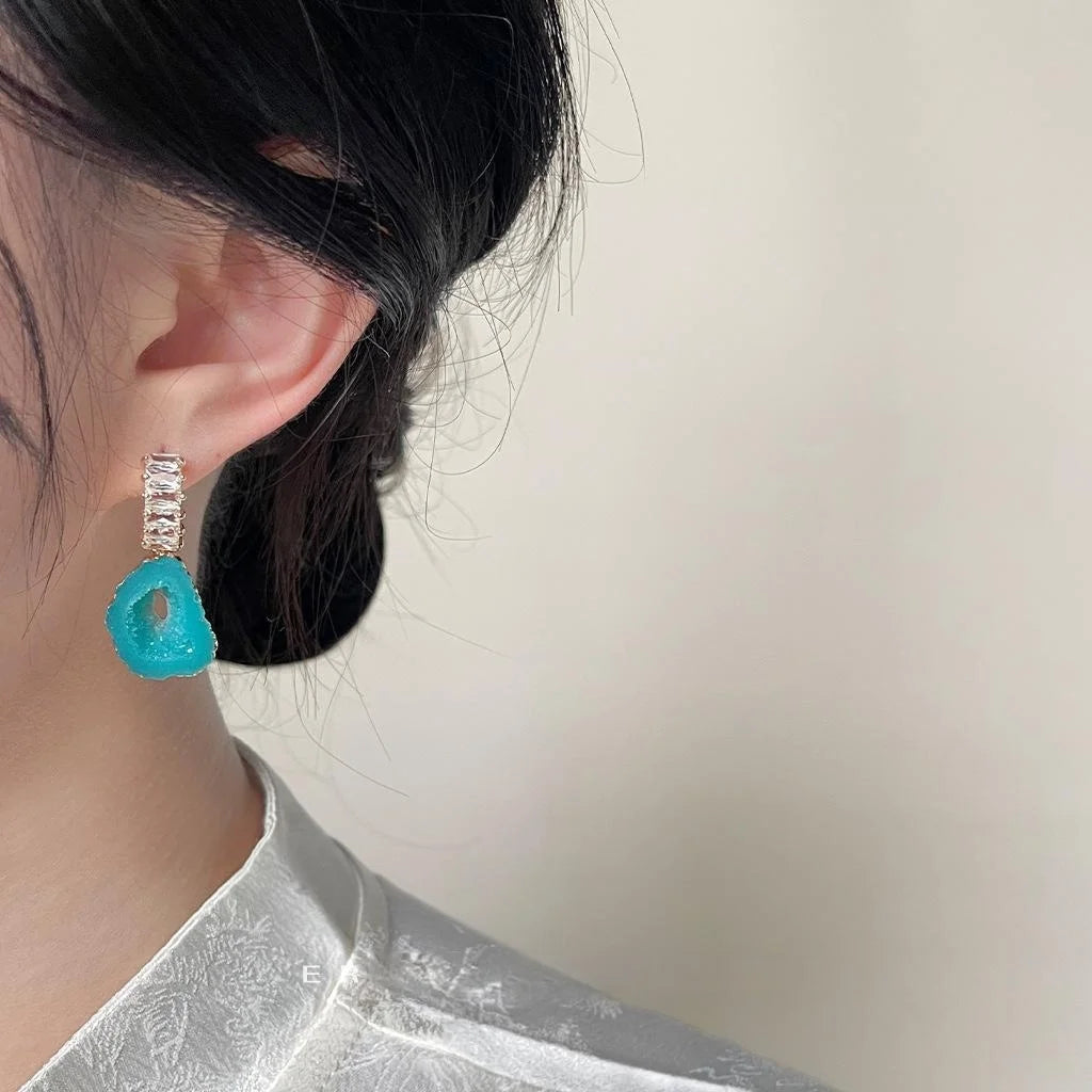 Ice Blue Resin Zircon Drop Earrings Irregular Geometric Ethnic Style Micro Pave Jewelry