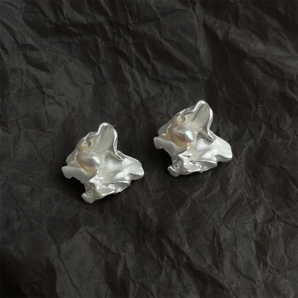 Irregular Heart Freshwater Pearl Stud Earrings Liquid Silver Minimalist Statement Design