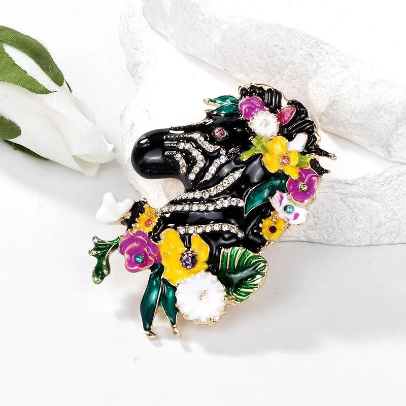 Elegant Enamel Zebra Head Brooch With Rhinestone Floral Wreath, Animal Lapel Pin Suit Accessory Gift