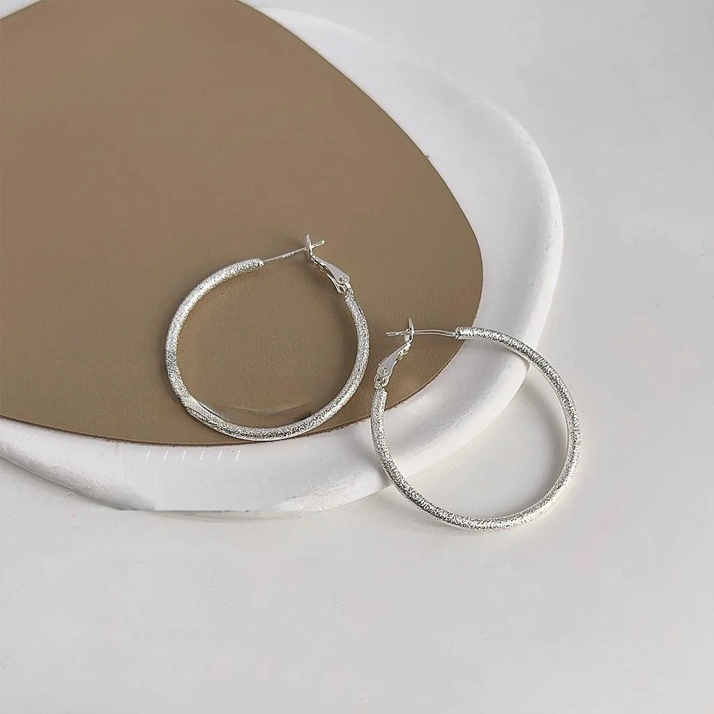 Silver Sand Finish Copper Hoop Drop Earrings, Minimalist Geometric Fashion Jewelry