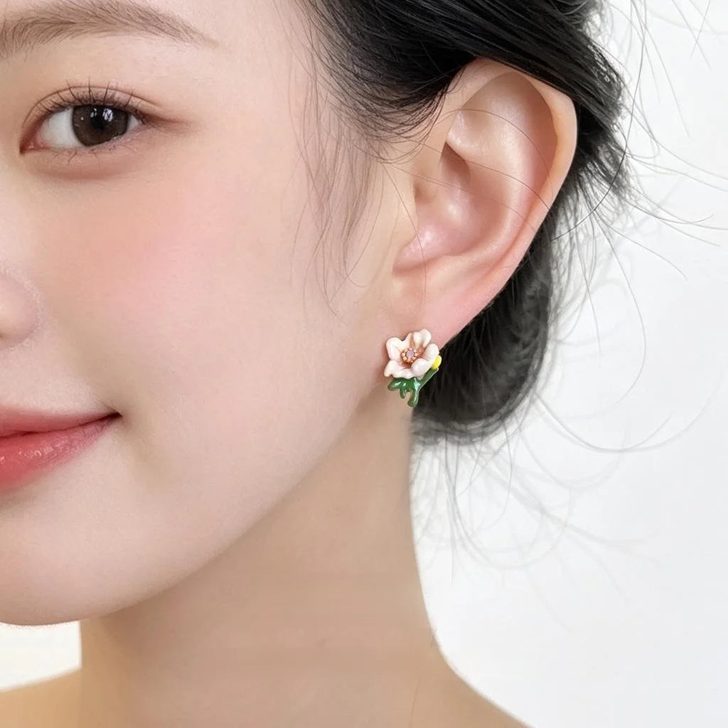 Eco Copper 14K Plated Enamel Flower Stud Earrings Forest Style Sweet Floral Jewelry